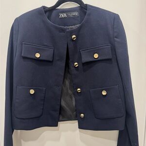 Zara Women's Dark Blue Blazer with Gold Accents